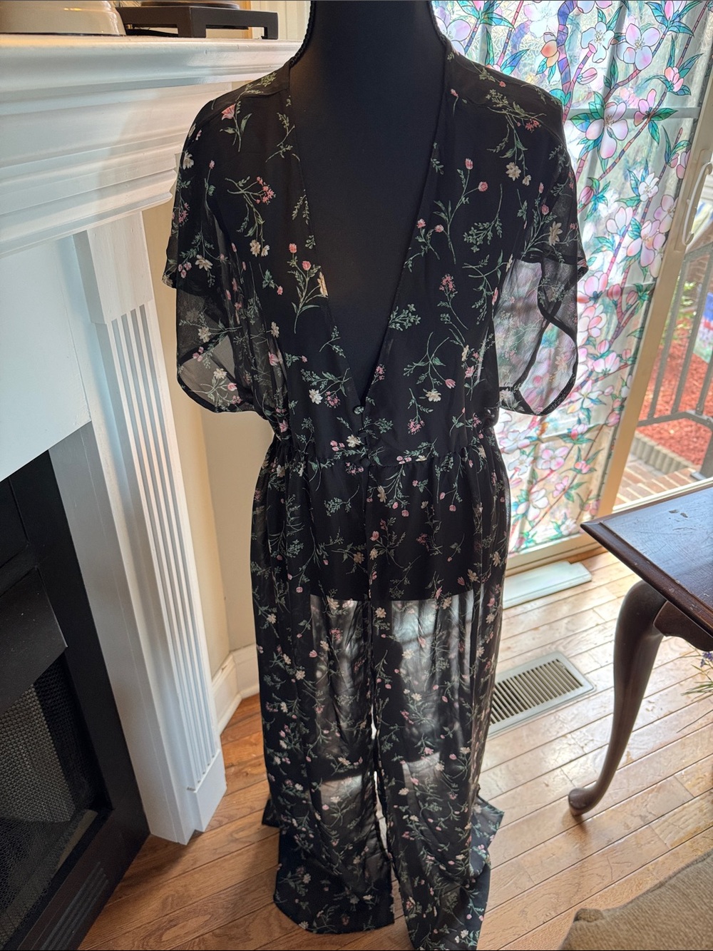 Revamped Black Kimono with Pink and Green Floral Print - Size  Medium EUC